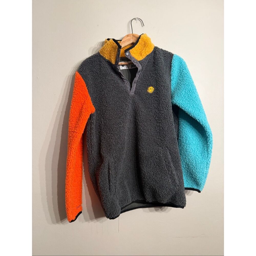 Dutch Bros Coffee Fuzzy Multicolor Fleece Colorblock Pullover Sweater Size Small